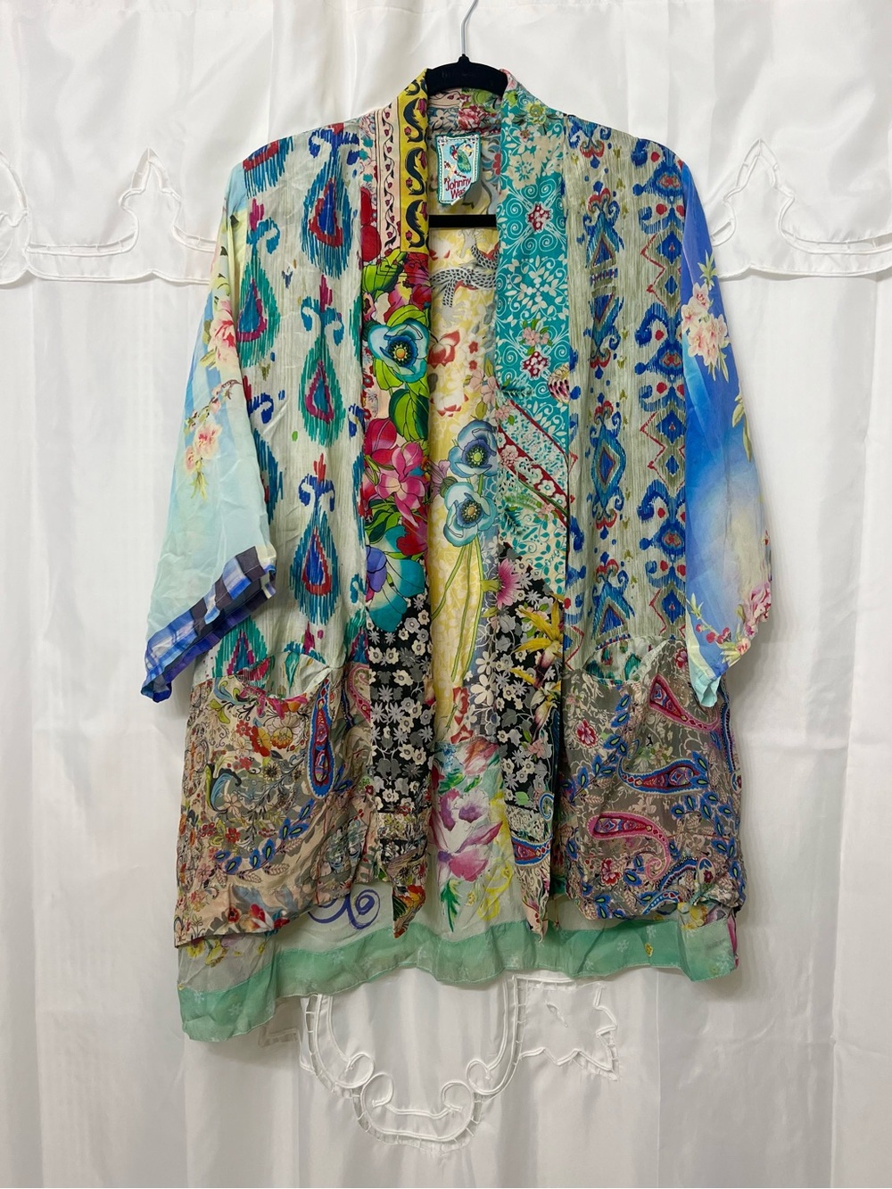 Johnny Was 100% Silk Patchwork Kimono Duster Jacket Multicolor PL Petite Large